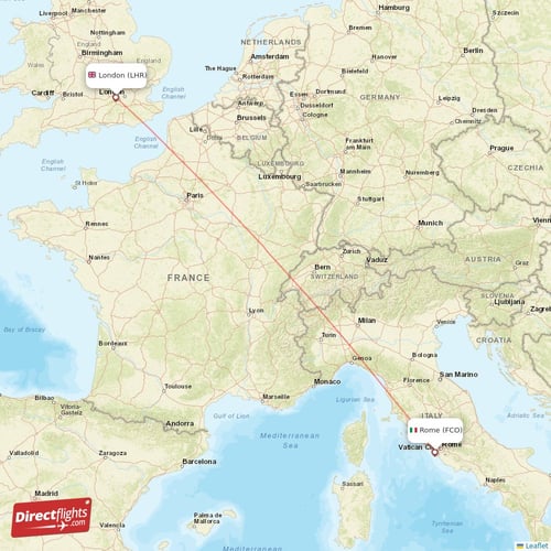 Rome - London direct flight map
