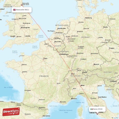 Rome - Newcastle direct flight map