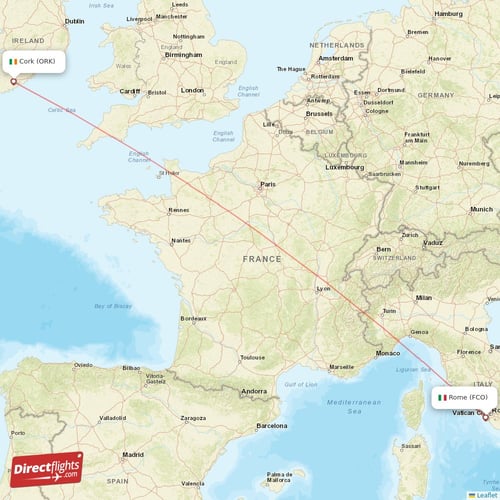 Rome - Cork direct flight map