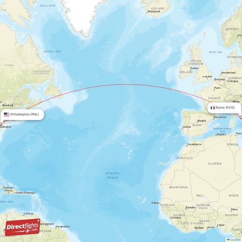 Rome - Philadelphia direct flight map