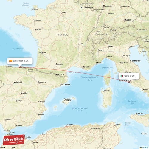 Rome - Santander direct flight map
