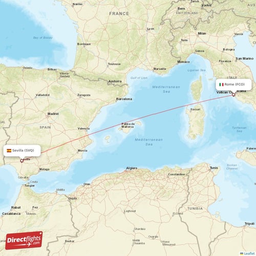 Rome - Sevilla direct flight map