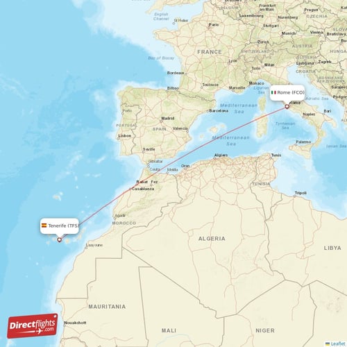 Rome - Tenerife direct flight map