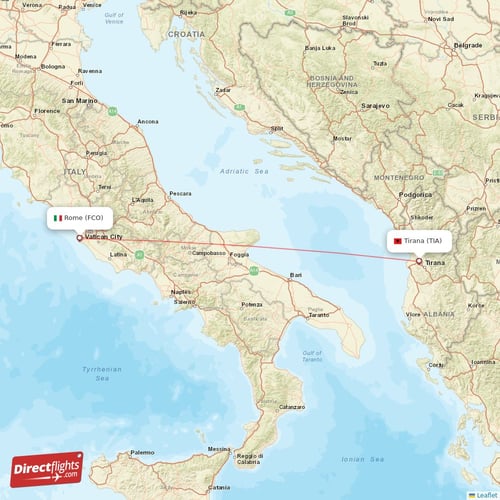 Rome - Tirana direct flight map