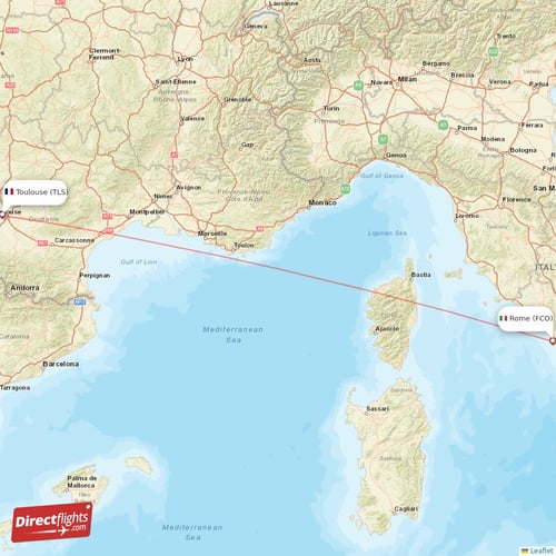 Rome - Toulouse direct flight map