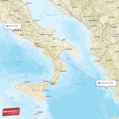 Rome - Zakinthos direct flight map