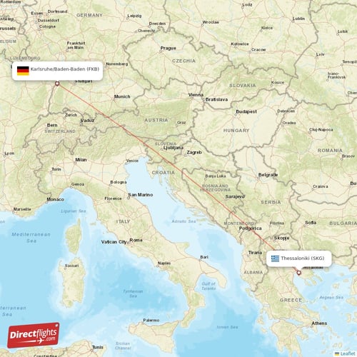 Karlsruhe/Baden-Baden - Thessaloniki direct flight map