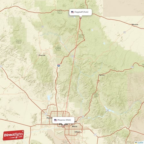 Flagstaff - Phoenix direct flight map