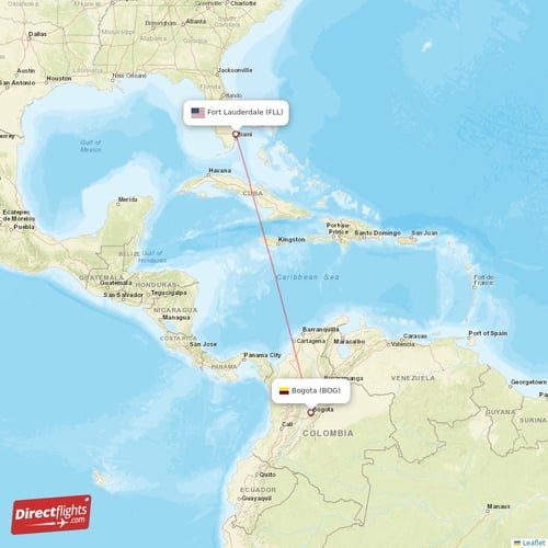 Fort Lauderdale - Bogota direct flight map