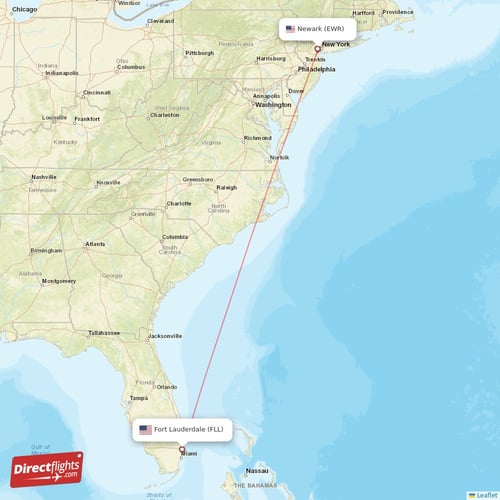 Fort Lauderdale - New York direct flight map