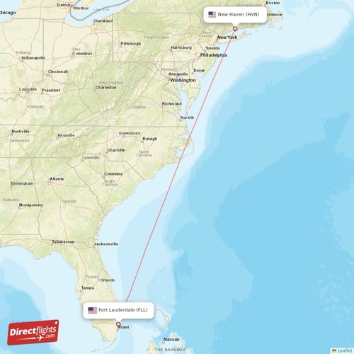 Fort Lauderdale - New Haven direct flight map