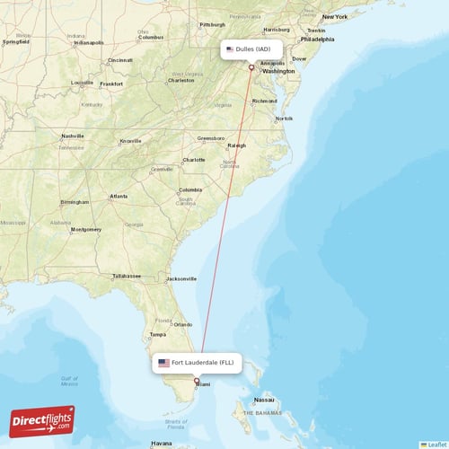 Fort Lauderdale - Dulles direct flight map