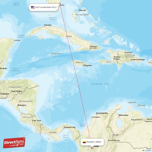 Fort Lauderdale - Medellin direct flight map
