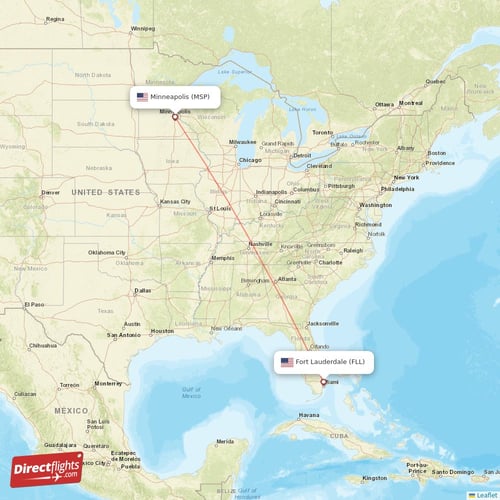 Fort Lauderdale - Minneapolis direct flight map