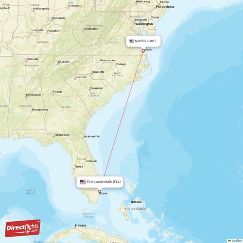 Fort Lauderdale - Norfolk direct flight map