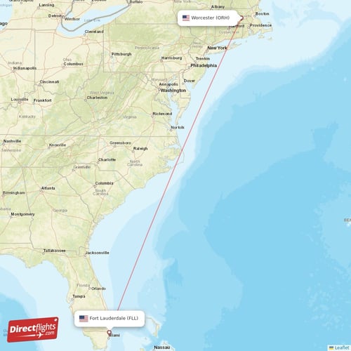 Fort Lauderdale - Worcester direct flight map