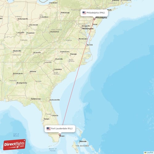 Fort Lauderdale - Philadelphia direct flight map