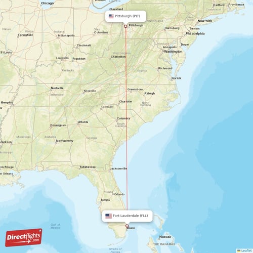 Fort Lauderdale - Pittsburgh direct flight map