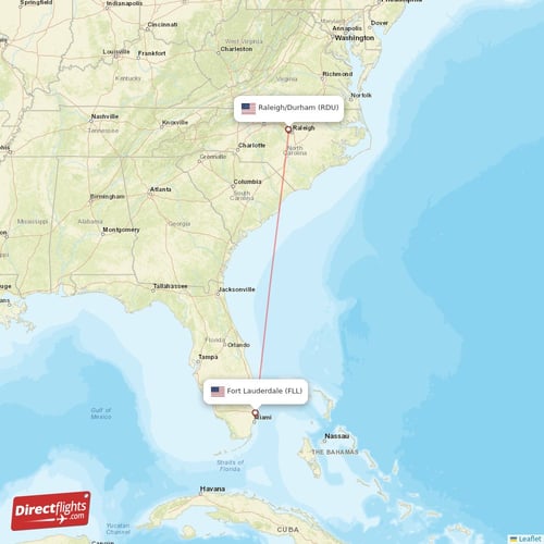 Fort Lauderdale - Raleigh/Durham direct flight map