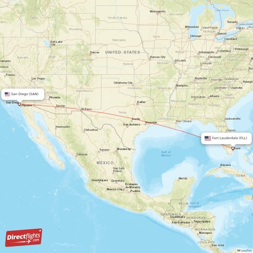 Fort Lauderdale - San Diego direct flight map