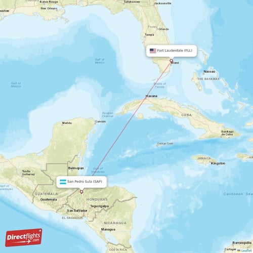 Fort Lauderdale - San Pedro Sula direct flight map