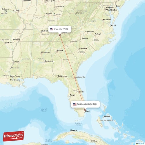 Fort Lauderdale - Knoxville direct flight map