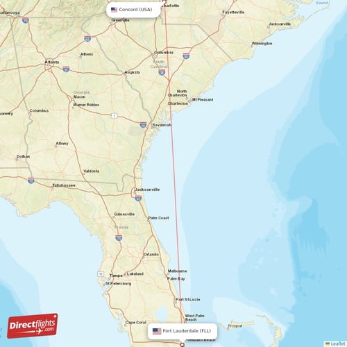 Fort Lauderdale - Concord direct flight map