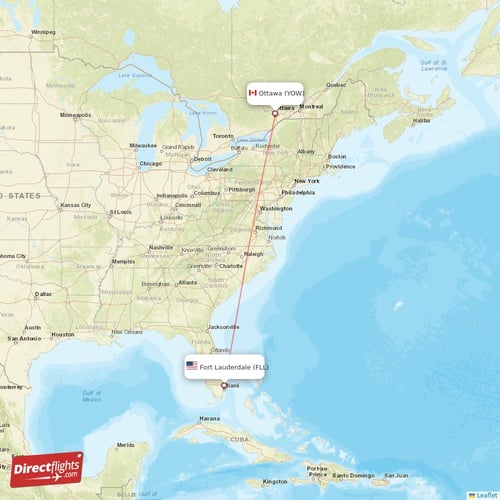 Fort Lauderdale - Ottawa direct flight map