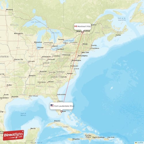 Fort Lauderdale - Montreal direct flight map