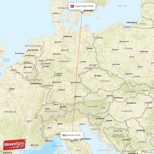 Florence - Copenhagen direct flight map