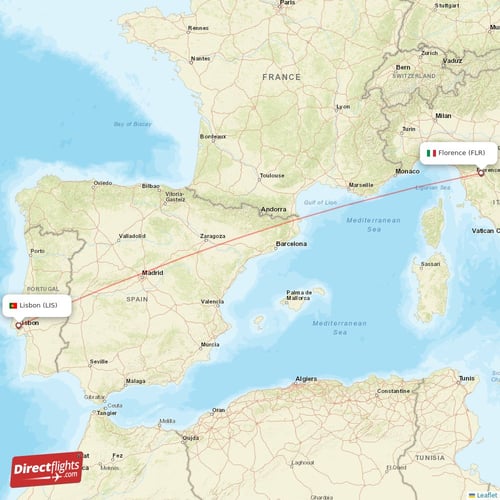 Florence - Lisbon direct flight map