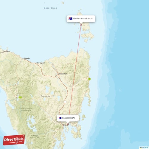 Flinders Island - Hobart direct flight map