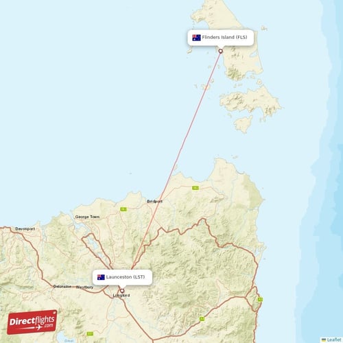Flinders Island - Launceston direct flight map