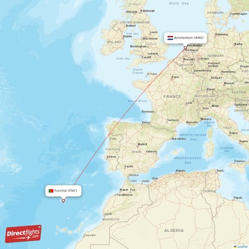 Funchal - Amsterdam direct flight map