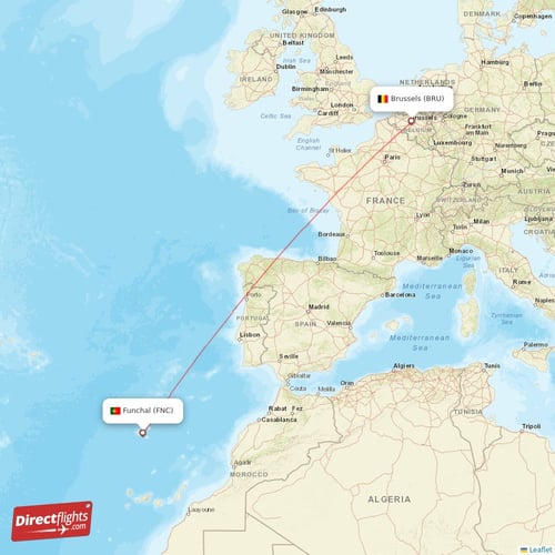 Funchal - Brussels direct flight map
