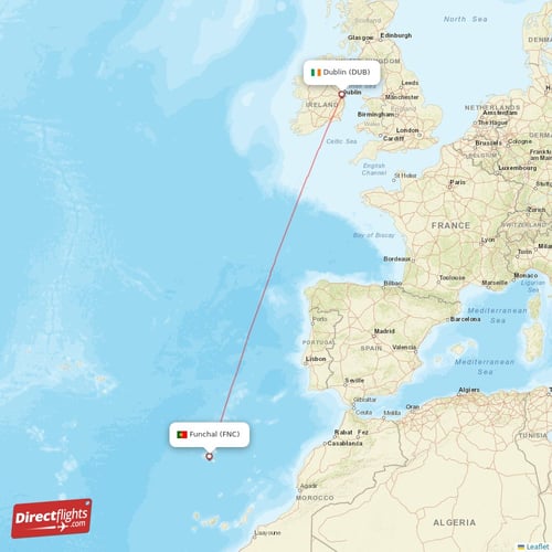 Funchal - Dublin direct flight map