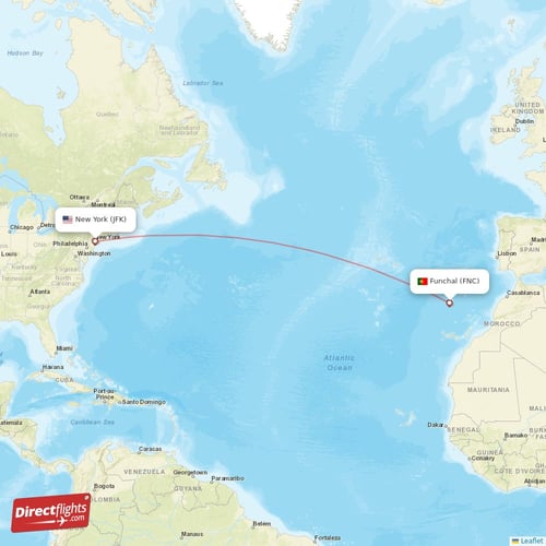 Funchal - New York direct flight map