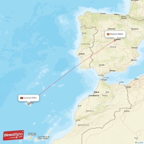 Funchal - Madrid direct flight map