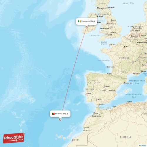 Funchal - Shannon direct flight map