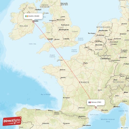 Nimes - Dublin direct flight map