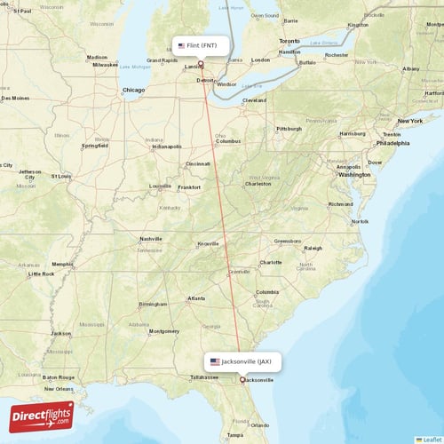 Flint - Jacksonville direct flight map