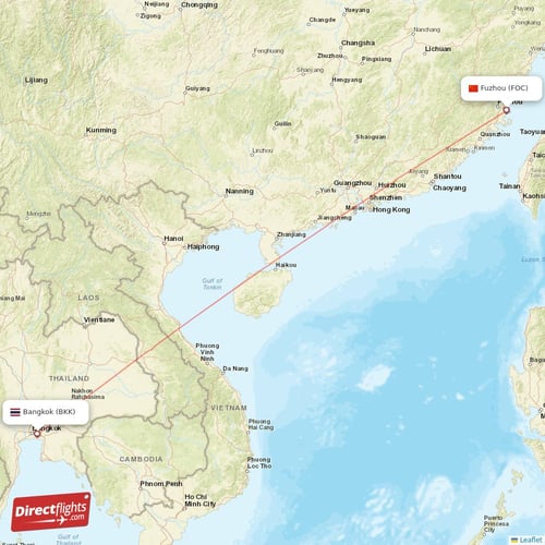 Fuzhou - Bangkok direct flight map