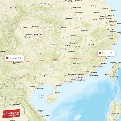 Fuzhou - Kunming direct flight map