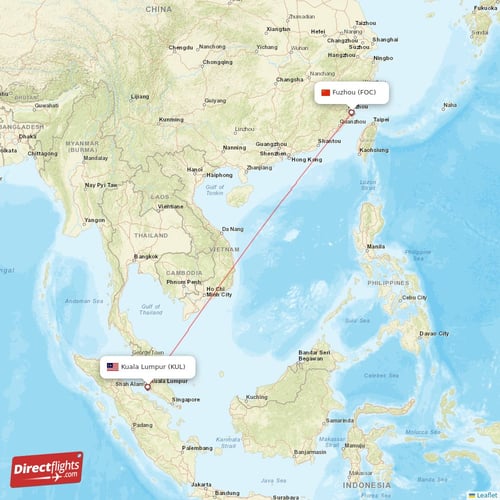 Fuzhou - Kuala Lumpur direct flight map