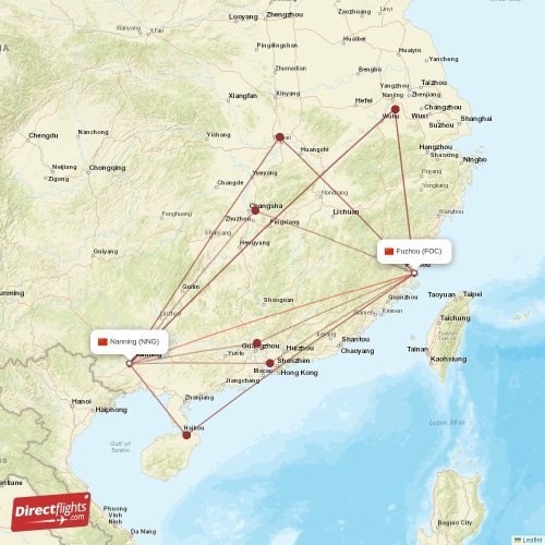 Fuzhou - Nanning direct flight map