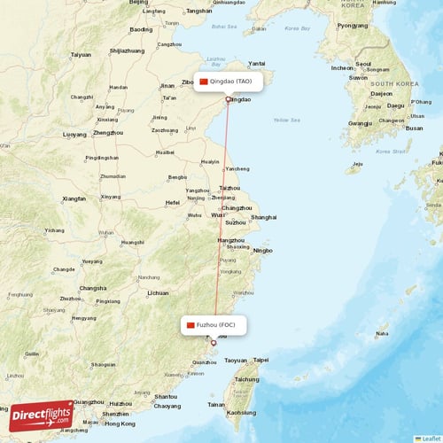 Fuzhou - Qingdao direct flight map