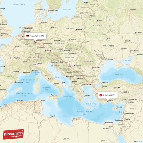 Frankfurt - Antalya direct flight map