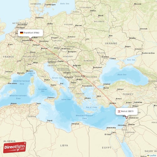 Frankfurt - Beirut direct flight map