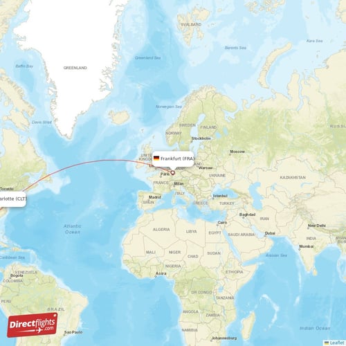Frankfurt - Charlotte direct flight map