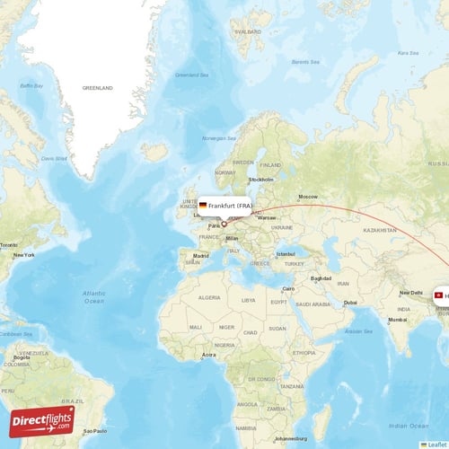 Frankfurt - Hong Kong direct flight map